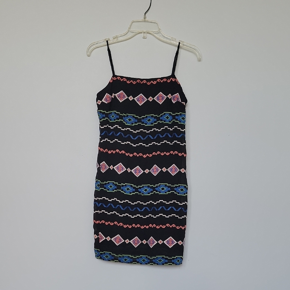 Anna Grace Black Mini Dress with Pink, Blue and Green Geometric Stripes